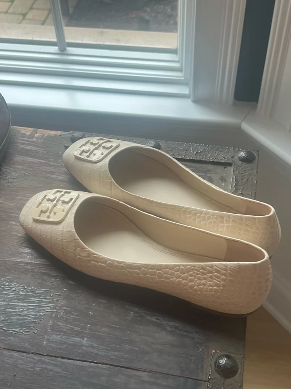 Tory Burch Georgia Square-Toe Croc-Embossed Leather Ballet Flats 